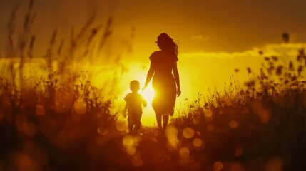 Fototapeta premium Silhouetted Mother and Child Walking Hand in Hand at Sunset Through a Field