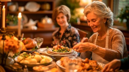 Family Enjoying a Traditional Holiday Feast with Smiling Elderly Woman Serving Dinner