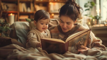 Obraz premium Warm and Tender Mother-Child Moment with Storybook in Cozy Home Setting