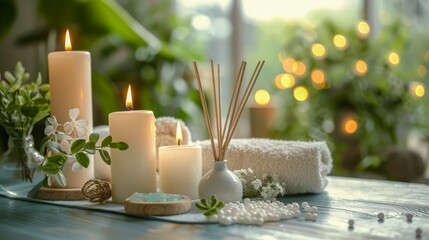 Fototapeta na wymiar Serene Spa Setting with Lit Candles, Aromatic Reed Diffuser, Fresh Flowers, Towels, and Pearls on a Wooden Table with Natural Backdrop