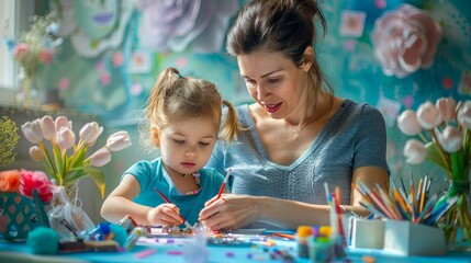 Mother and Young Daughter Engaged in Creative Activity with Colorful Art Supplies at Home