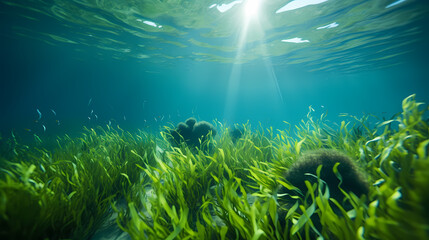 Naklejka na ściany i meble Seaweed and natural sunlight underwater seascape in the ocean, landscape with seaweed
