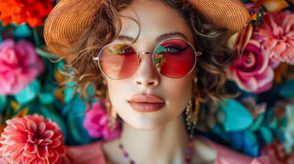 Fototapeta premium Stylish Woman in Sunglasses and Hat with Colorful Flowers in the Background Posing for a Fashion Shoot