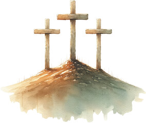 Watercolor Christian Easter Clipart. Christian Faith and Resurrection Art. Handmade Christian Easter Clipart for Spiritual Celebrations. Religious Easter Watercolor Jesus and Three Crosses on a Hill.