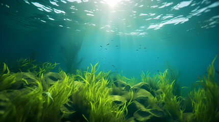 Fototapeta premium Seaweed and natural sunlight underwater seascape in the ocean, landscape with seaweed