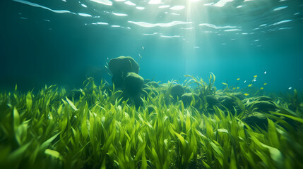 Seaweed and natural sunlight underwater seascape in the ocean, landscape with seaweed - obrazy, fototapety, plakaty