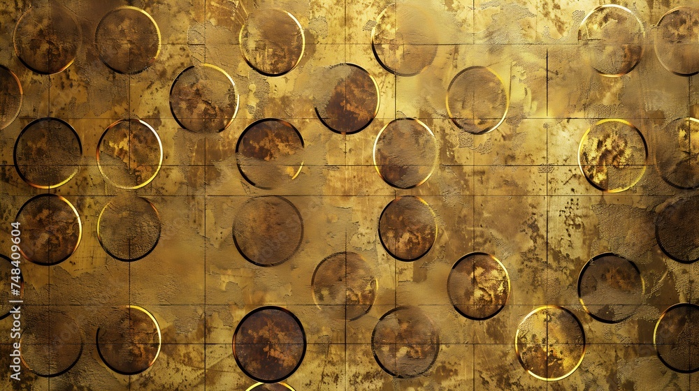 Poster background rusty metal texture brown and gold color with repeated circles grunge metal texture with 