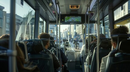 Daily commute scene inside a city bus with passengers seated and traveling – Concept of urban transportation, daily life, and public transit usage
