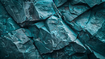 Blue green rock background Dark turquoise toned mountain surface Cracked Closeup 3d effect Modern...