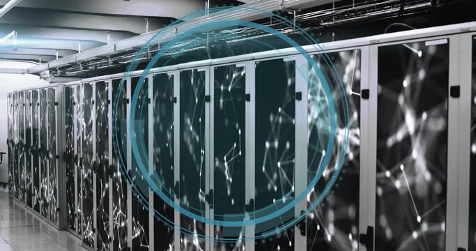 Animation of cyber security text, digital data processing over computer servers