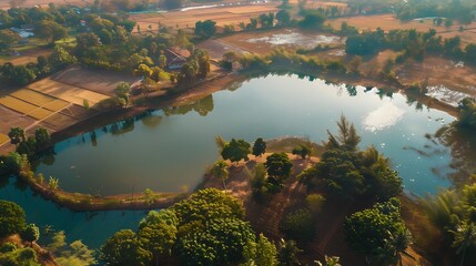 Aerial view of lake surrounded by trees and farmland with dry rice fields after harvest Nakhon Luang province of Ayutthaya Thailand : Generative AI - obrazy, fototapety, plakaty
