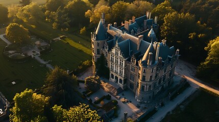 Aerial view of Ooidonk castle during sunset situated near Gent Belgium : Generative AI - obrazy, fototapety, plakaty