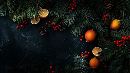 Festive Christmas greeting layout template with fir branches decorated with natural dried decor of oranges lemons fir cones and red berries Dark black textured background copy space : Generative AI