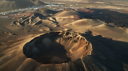 Aerial view of Calderon Hondo crater a volcano in Timanfaya National Park with a small town in background Fuerteventura Island Canary Islands Spain : Generative AI - obrazy, fototapety, plakaty