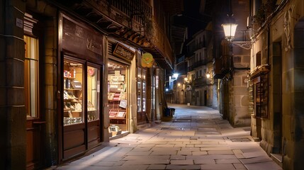 Naklejka premium Typical small street view with shops at night in Pamplona Spain : Generative AI