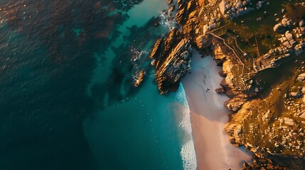 Aerial view of Porthcurno beach along the coastline with cliffs and The Minack Theatre at sunset...