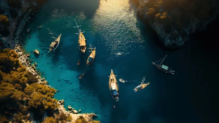 Wandcirkels plexiglas Aerial view of anchored sailboats on blue cruise in Oludeniz Turkey : Generative AI © Generative AI