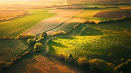 Aerial view of agricultural landscape with small fields and hedges in Brandenburg Germany : Generative AI