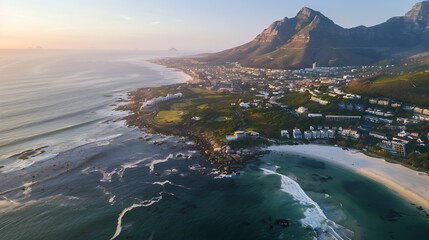 Aerial view of Camps Bay beach and Lions Head Mountain during the day Cape Town South Africa : Generative AI