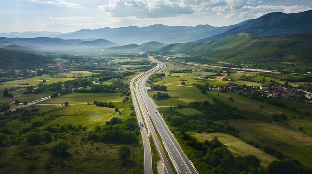 Aerial view of a road crossing the countryside near Zenica Bosnia and Herzegovina : Generative AI