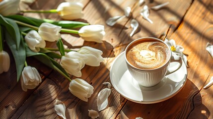 Cup of coffee with milk and tulips flowers on wooden kitchen table Freshly brewed cappuccino espresso in coffee machine for breakfast Stylish home interior decor High quality photo : Generative AI