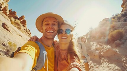 Happy couple of travelers taking selfie picture in rocky desert Young man and woman having fun on summer vacation Two friends enjoying summertime moment Life style and travel concept : Generative AI - obrazy, fototapety, plakaty