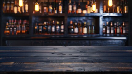 Panoramic table wood dinning bar modern desk top on blur shop city white night light background pub wine party scene Tabletop black wooden banner texture shelf bar in luxury restaurant : Generative AI - obrazy, fototapety, plakaty