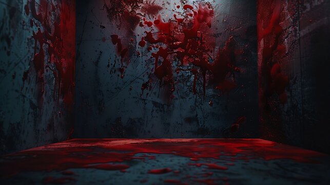 Black blood red horror background Interior room Concrete old wall floor Grunge Product display 3d rendering Empty space For mockup showcase design Stage Dark Spooky creepy Brokencracke : Generative AI