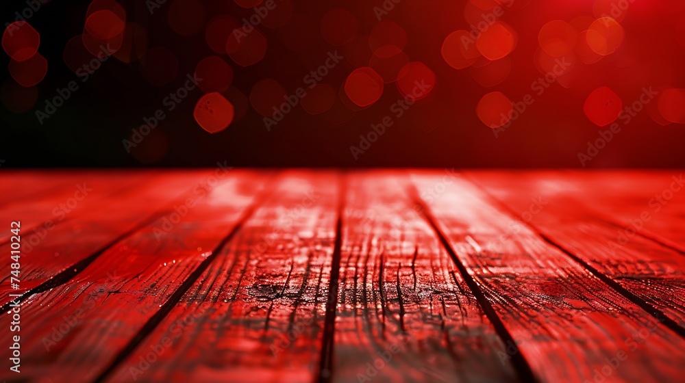 Poster empty red wooden floor or wooden terrace with abstract night light bokeh of night festival in garden