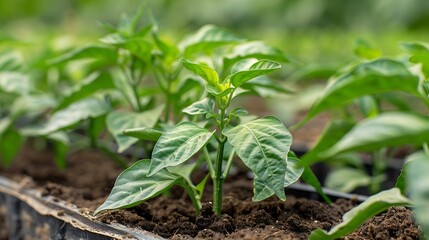 Fresh green young seedlings of sweet pepper plants and tomatoes in a brown soil a greenhouse with small garden shovel closeup : Generative AI