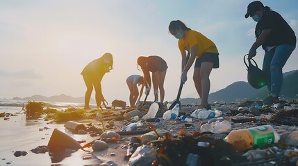 Group of eco volunteers picking up plastic trash on the beach Activist people collecting garbage protecting the planet Ocean pollution environmental conservation and ecology concept : Generative AI