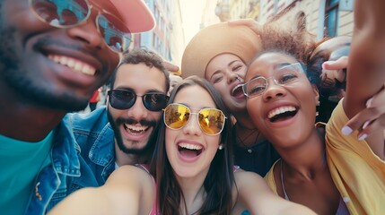 Multicultural happy friends having fun taking group selfie portrait on city street Multiracial...