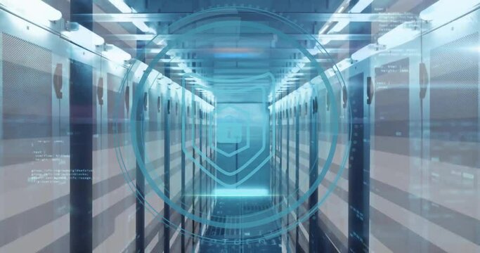 Animation of cyber security text, digital data processing over computer servers