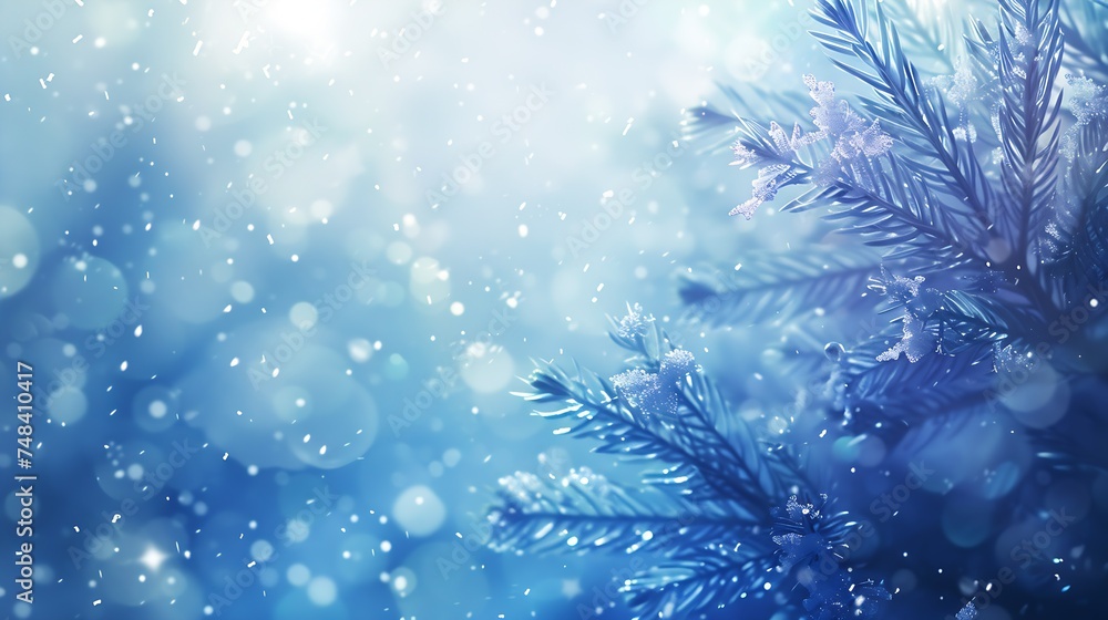 Fototapete christmas winter snow background with fir branches macro with soft focus and snowfall in blue tones 