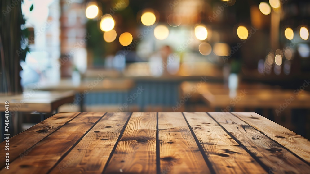Poster empty wooden table with blurred restaurant kitchen background wood table top with background : gener
