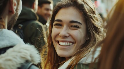 Beauty woman with white smile and teeth between friends in the street : Generative AI