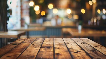 Empty wooden table with blurred restaurant kitchen background Wood table top with background : Generative AI - obrazy, fototapety, plakaty