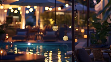 Evening view of small cozy boutique hotels restaurant and pool bar : Generative AI