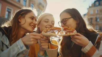  Three young female friends eating pizza sitting outside Happy women enjoying street food in the city Italian food culture and european holidays concept : Generative AI © Generative AI