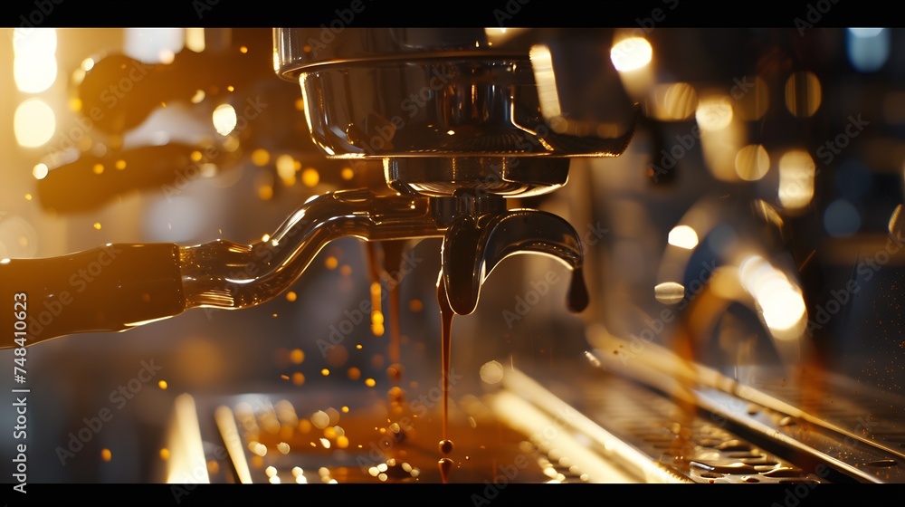 Poster Close up view of barista making coffee Professional coffeemaking machine : Generative AI