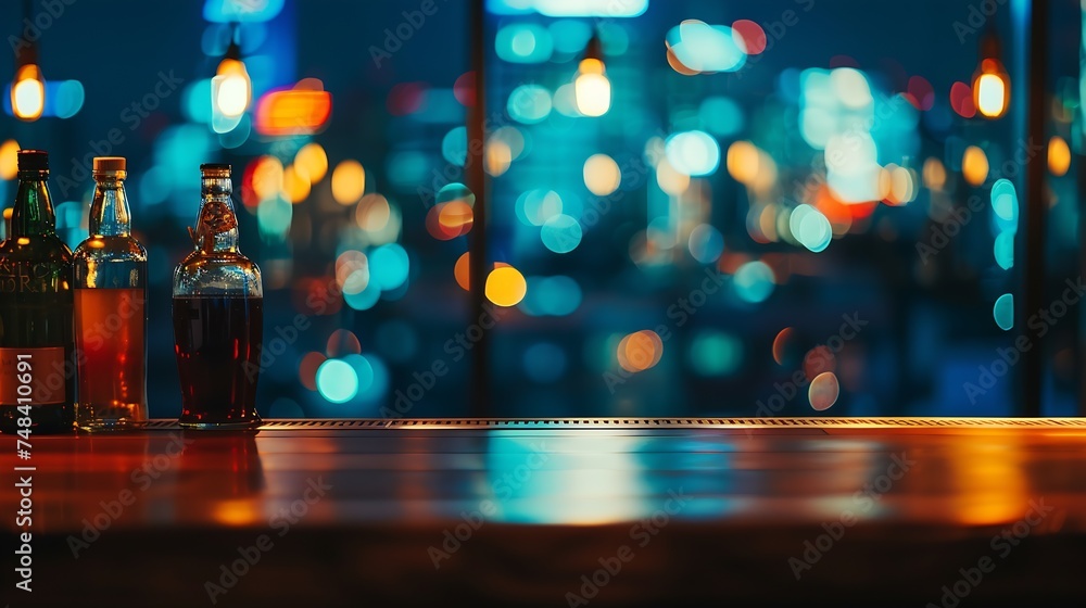 Poster Background image of a wooden bar counter by the window in a pub in front of abstract blurred lights of the night city : Generative AI