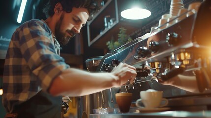 Professional male barista making coffee close up : Generative AI