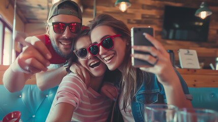 Happy couple taking selfie with smart mobile phone at burger pub restaurant Young people having...