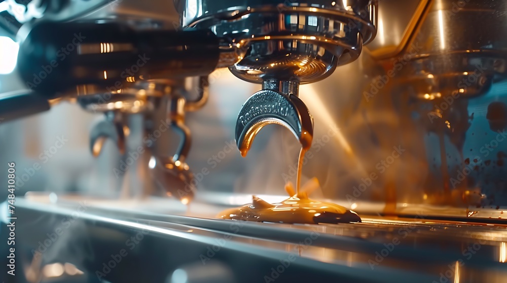 Poster Coffee machine and men Extraction of freshly brewed espresso from a professional machine with bottomless filter in cafe shop barista making coffee with selective focus : Generative AI