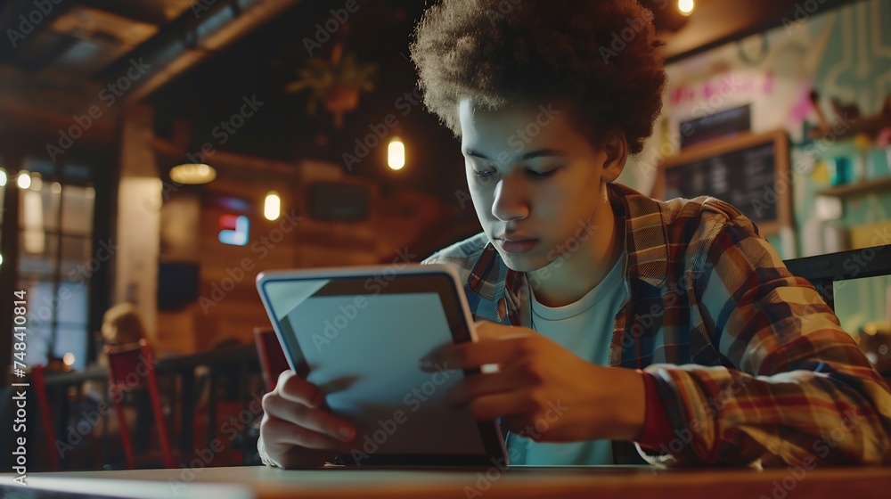 Poster Happy student studying and learning taking notes with a digital tablet in a coffee shop : Generative AI