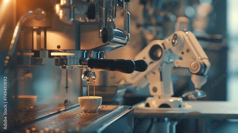 Poster automatic robot arm preparing coffee with coffee machine : generative ai