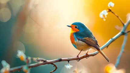 Obraz premium Redflanked Bluetail Orangeflanked Bush Robin Bluestart Tarsiger cyanurus male rest on branch in nature : Generative AI