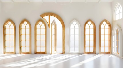 Beautiful wooden arch window frames on white background collage Banner design : Generative AI