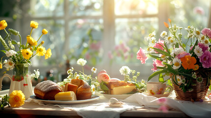 Table with Easter Food - Shining Morning Light and Flowers
