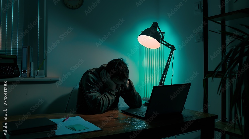 Poster sad and worried entrepreneur working on line with a laptop in an office desk or home : generative ai